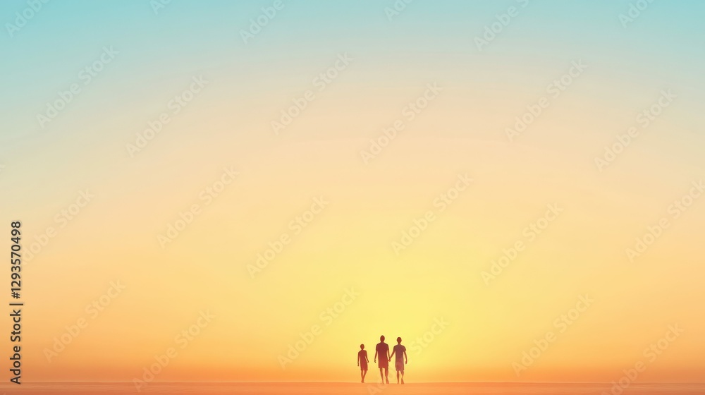 Family enjoying a tranquil evening walk on the beach at sunset Family enjoying a tranquil evening walk on the beach at sunset