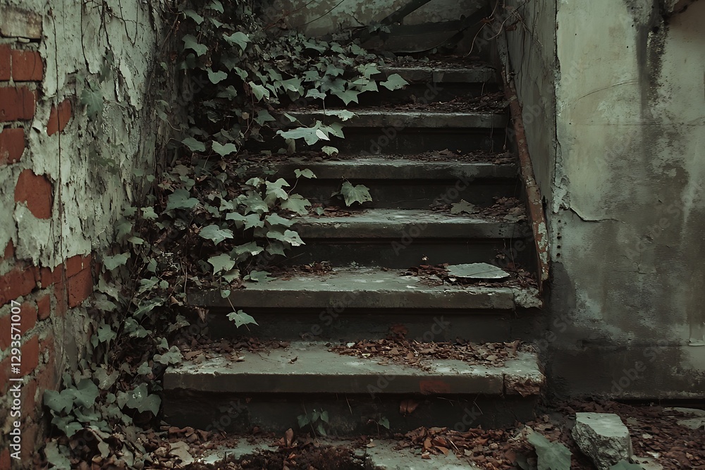 An abandoned staircase overgrown with ivy in an old building An abandoned staircase overgrown with ivy in an old building