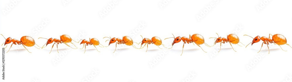 Fototapeta premium Line of Colorful Orange Ants Marching on White Background