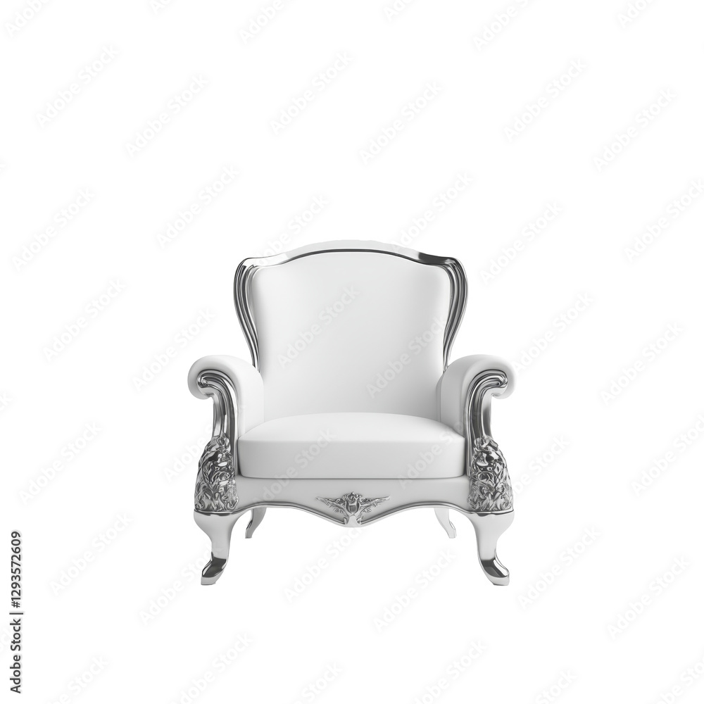 Elegant white armchair with ornate silver detailing and curved legs for luxurious comfort Elegant white armchair with ornate silver detailing and curved legs for luxurious comfort