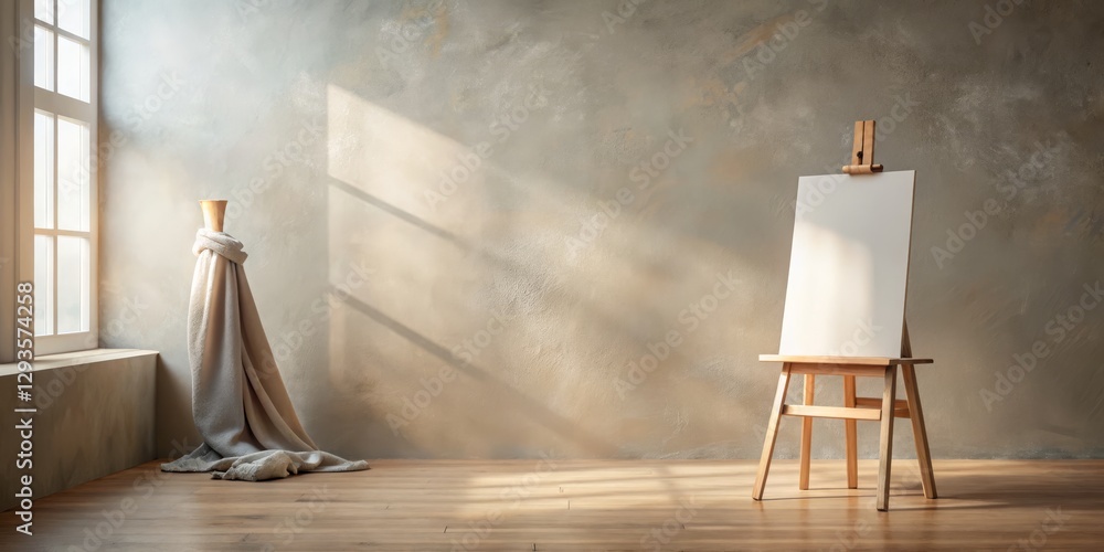Bright and Serene Art Studio with Wooden Easel and Sunlit Walls Bright and Serene Art Studio with Wooden Easel and Sunlit Walls