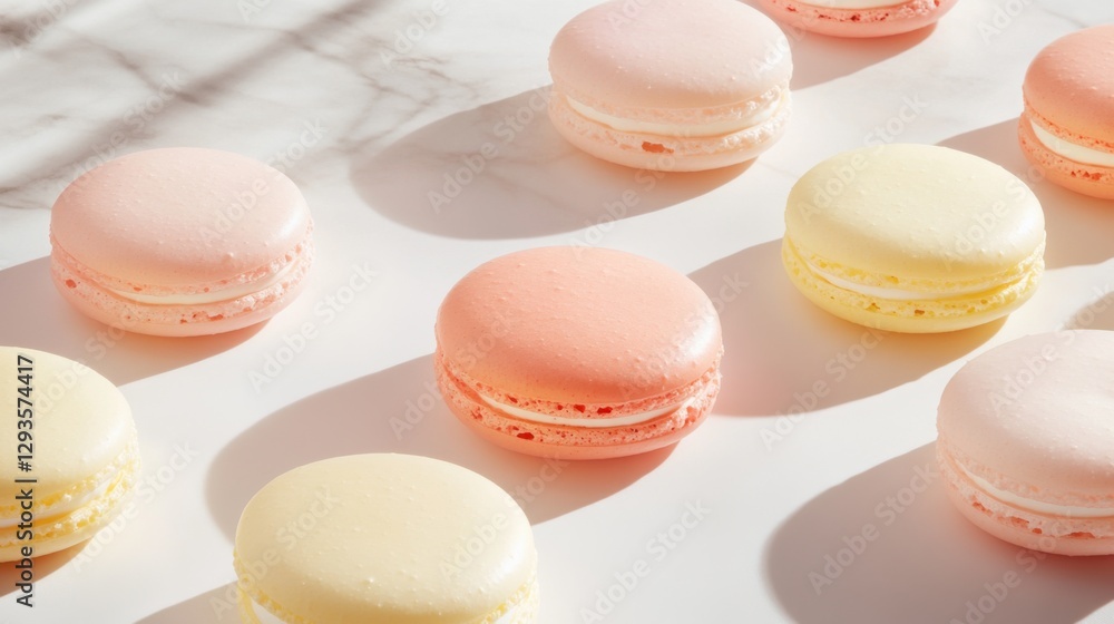 Obraz premium Assorted Colors of Delicious Macarons Arranged on a Light Marble Surface with Soft Shadows Highlighting Their Unique Shapes and Textures