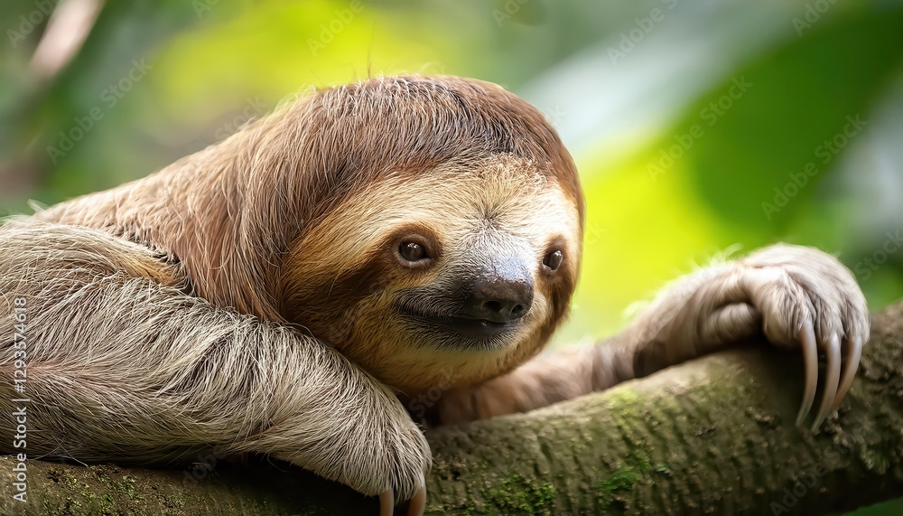Fototapeta premium Adorable Sloth Hanging on Rainforest Tree Branch, Cute Face with Expressive Eyes, Majestic Wild Animal Portrait in Lush Green Environment at Twilight