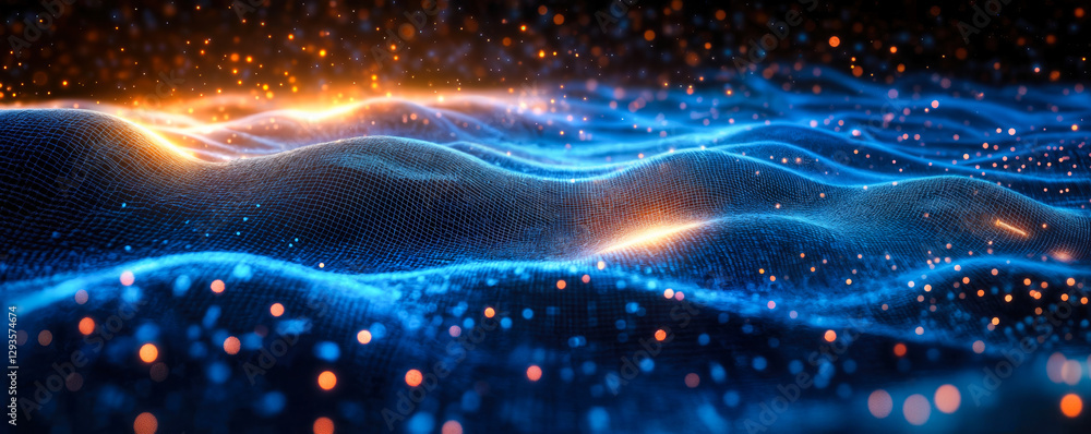 Obraz premium Dynamic Visualization of Complex Data with Blue Wireframe Mesh on Dark Background Featuring 3D Illumination and Glowing Dots