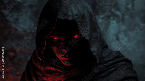 Dark hooded figure with glowing red eyes mysterious horror image art evil fear scary demon devil