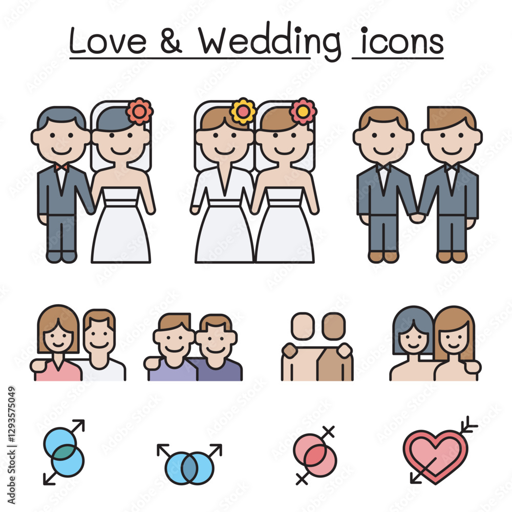Wedding & Loving icon set in thin line style Wedding & Loving icon set in thin line style