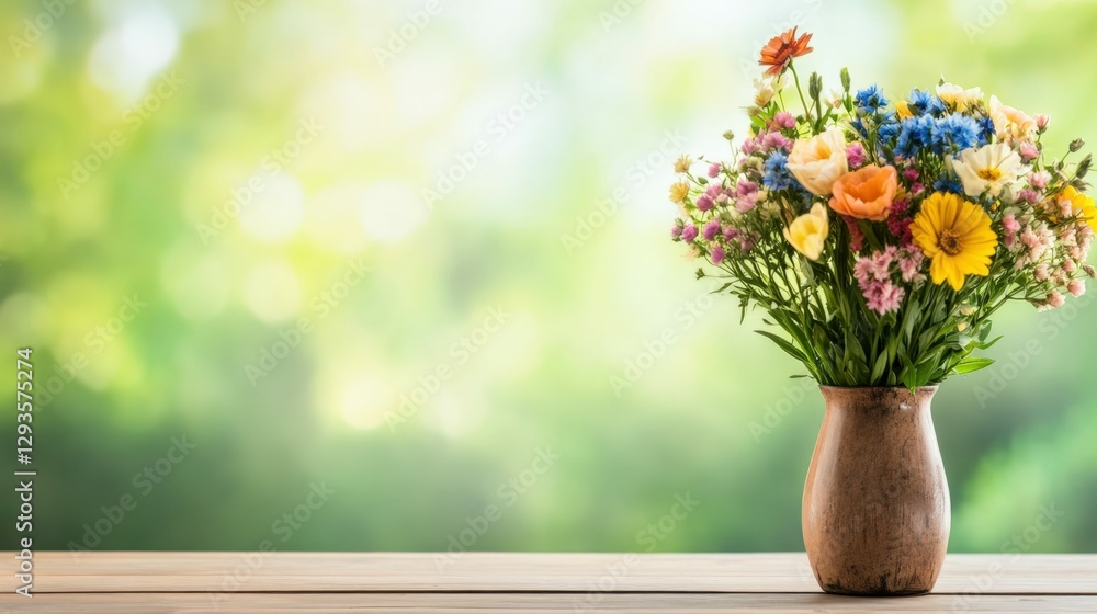 Vibrant bouquet of wildflowers in rustic vase on wooden table Vibrant bouquet of wildflowers in rustic vase on wooden table