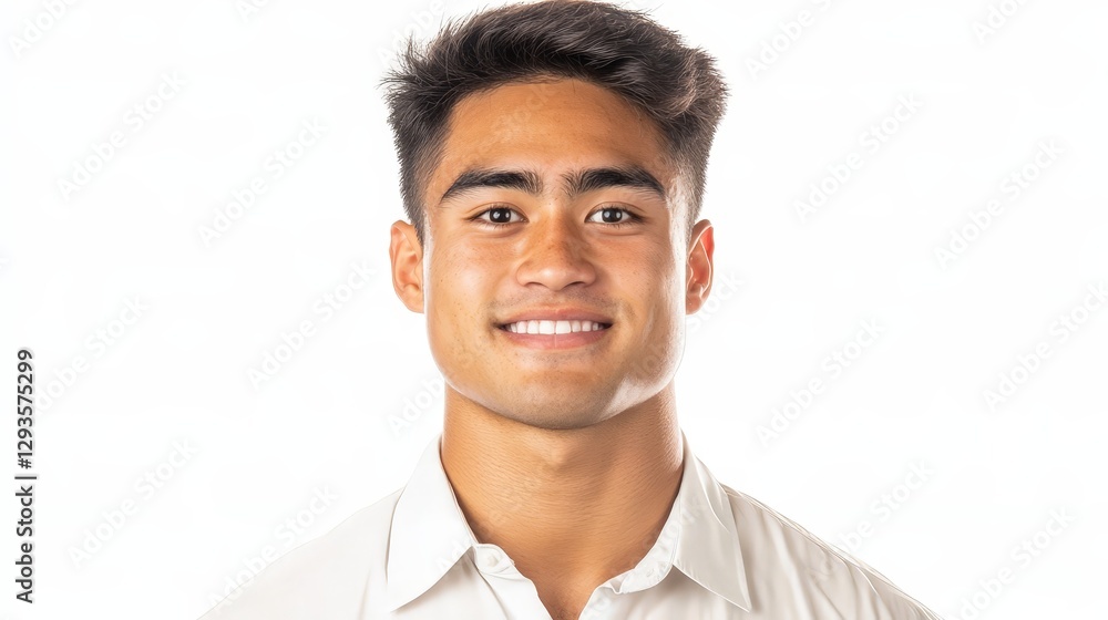 Smiling Young Man with Short Dark Hair in a Light Casual Shirt on White Background Smiling Young Man with Short Dark Hair in a Light Casual Shirt on White Background