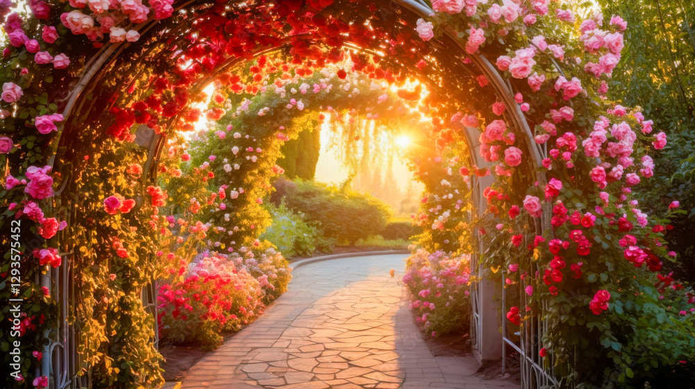 Fototapeta premium Archway adorned with blooming roses leading towards a sunlit garden pathway filled with vibrant flowers
