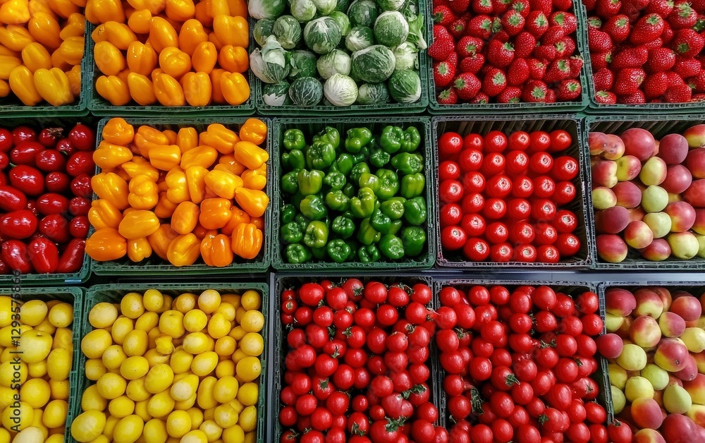 Blurred background of supermarket shelves with fruits and vegetables. Stock photo, photorealistic. Blurred background of supermarket shelves with fruits and vegetables. Stock photo, photorealistic.