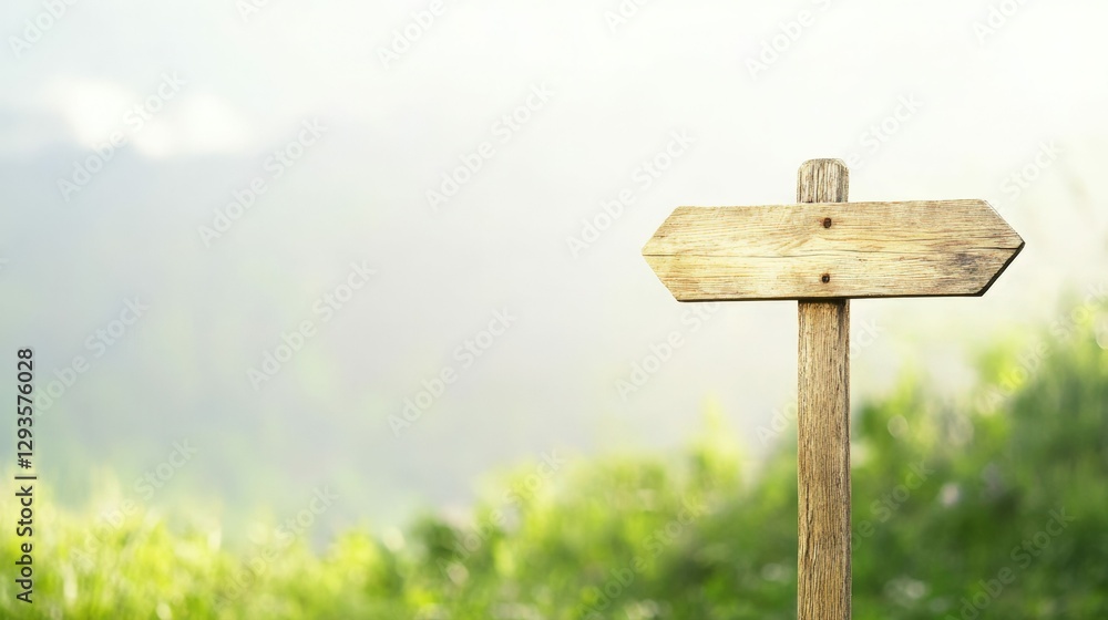 Close-up of a wooden signpost pointing to a scenic trail, minimalist and natural composition with soft lighting Close-up of a wooden signpost pointing to a scenic trail, minimalist and natural composition with soft lighting
