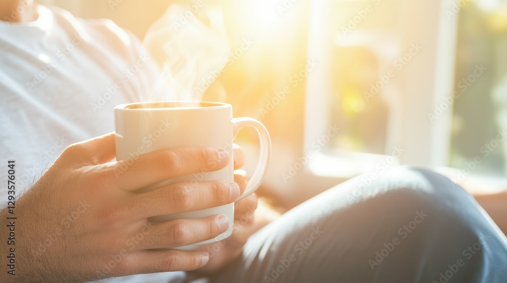 A man holding a steaming mug of coffee while relaxing on a bed with soft sunlight filtering through the window, serene and minimalist, A man holding a steaming mug of coffee while relaxing on a bed with soft sunlight filtering through the window, serene and minimalist,
