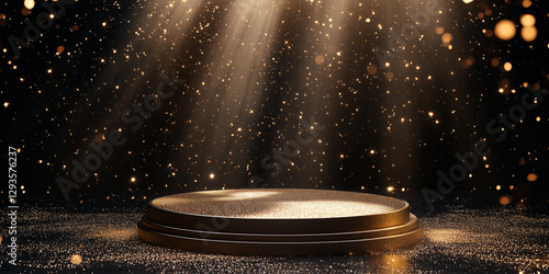 Luxury banner with golden podium, sand and dust sparse and empty space for text and images, on the black background, wallpaper and advertiser.