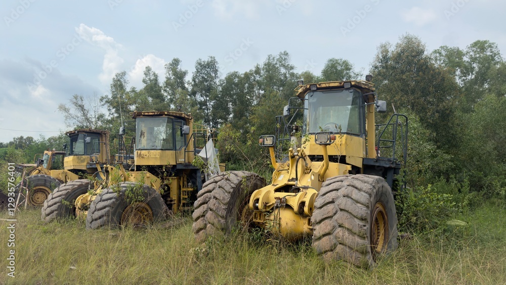Obraz premium Heavy yellow construction graders parked in a grassy field with lush green trees under a cloudy sky