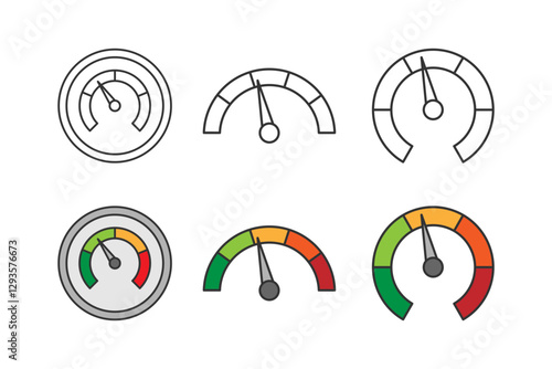 Six speedometer icons in black line and colored variations