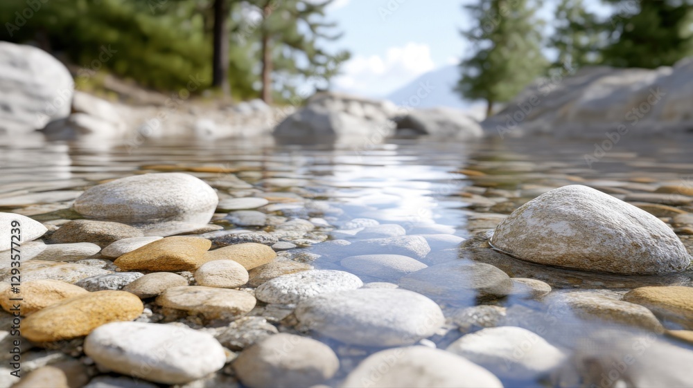 Tranquil river with smooth stones and surrounding trees under a clear sky, reflecting nature's serenity. Tranquil river with smooth stones and surrounding trees under a clear sky, reflecting nature's serenity.