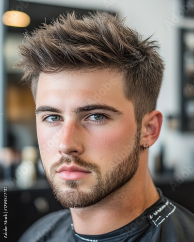 Ein junger Mann zeigt stolz seine trendige Kurzhaarfrisur. Das Styling betont sein markantes Gesicht.