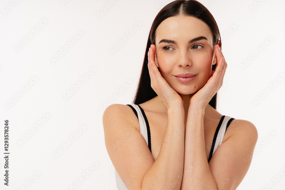 Portrait featuring a serene individual with smooth skin and a relaxed expression, conveying grace. Portrait featuring a serene individual with smooth skin and a relaxed expression, conveying grace.