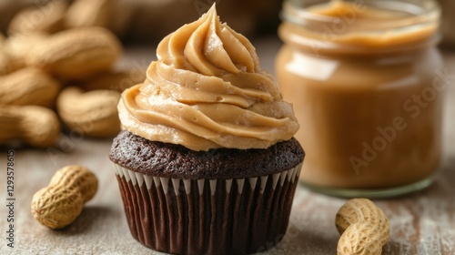 Delicious chocolate cupcake topped with creamy peanut butter frosting alongside whole peanuts and a jar of smooth peanut butter, perfect for dessert lovers