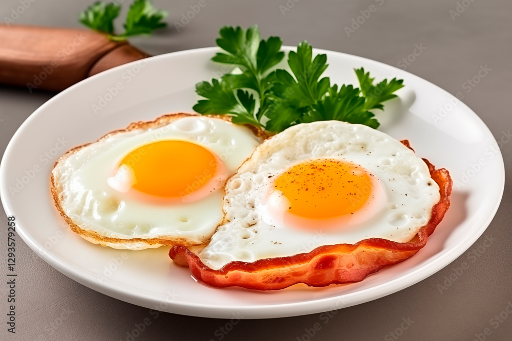 Two fried egg. Fried eggs with bacon and fresh herbs on a white plate. Delicious breakfast. Two fried egg. Fried eggs with bacon and fresh herbs on a white plate. Delicious breakfast.