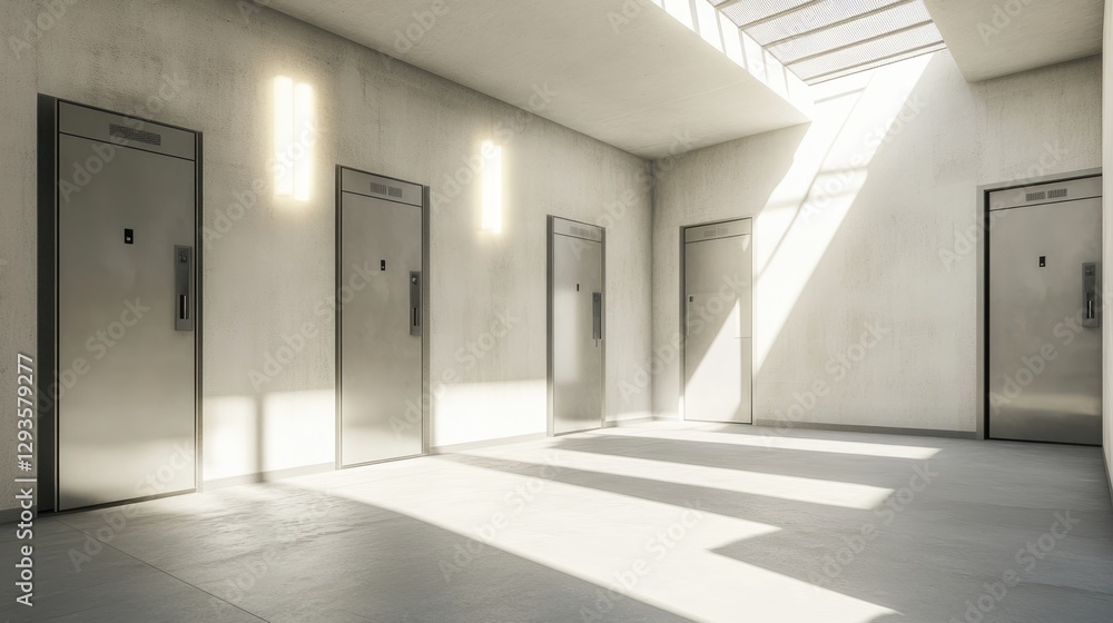 Sunlit Minimalist Hallway with Metal Doors and Linear Lights Sunlit Minimalist Hallway with Metal Doors and Linear Lights