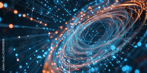 A surreal abstract background featuring luminous, interwoven neon spirals forming a complex cybernetic web. The futuristic geometric design radiates high-tech energy, seamlessly blending motion and