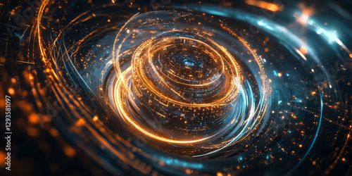 A futuristic cybernetic supercomputer, surrounded by swirling AI-powered energy trails, glowing holographic data streams, and pulsating quantum processing nodes. The high-tech abstract background