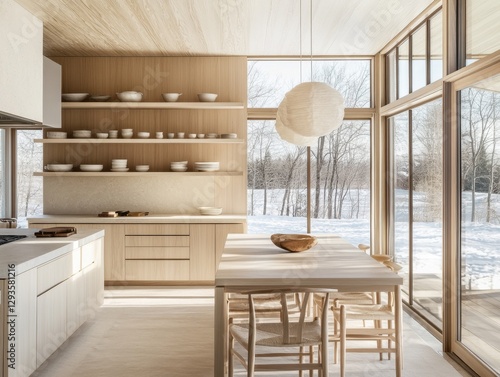 A kitchen with a table and chairs. The table has a bowl on it. There are many white plates on shelves