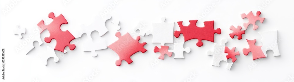 Colorful Red and White Puzzle Pieces on White Background Colorful Red and White Puzzle Pieces on White Background