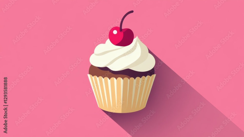 Delightful Chocolate Cupcake with Whipped Cream and Cherry on Top Set Against a Soft Pink Background for Vibrant Dessert and Bakery Themes Delightful Chocolate Cupcake with Whipped Cream and Cherry on Top Set Against a Soft Pink Background for Vibrant Dessert and Bakery Themes