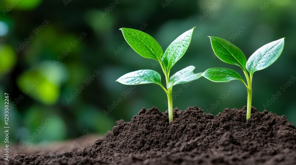 Fresh Green Seedlings Emerging from Rich Dark Soil in Nature Fresh Green Seedlings Emerging from Rich Dark Soil in Nature