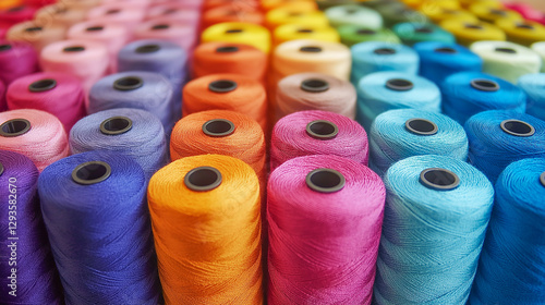 Spools of vibrant thread organized neatly in a craft supply store creating a colorful display for sewing enthusiasts photo