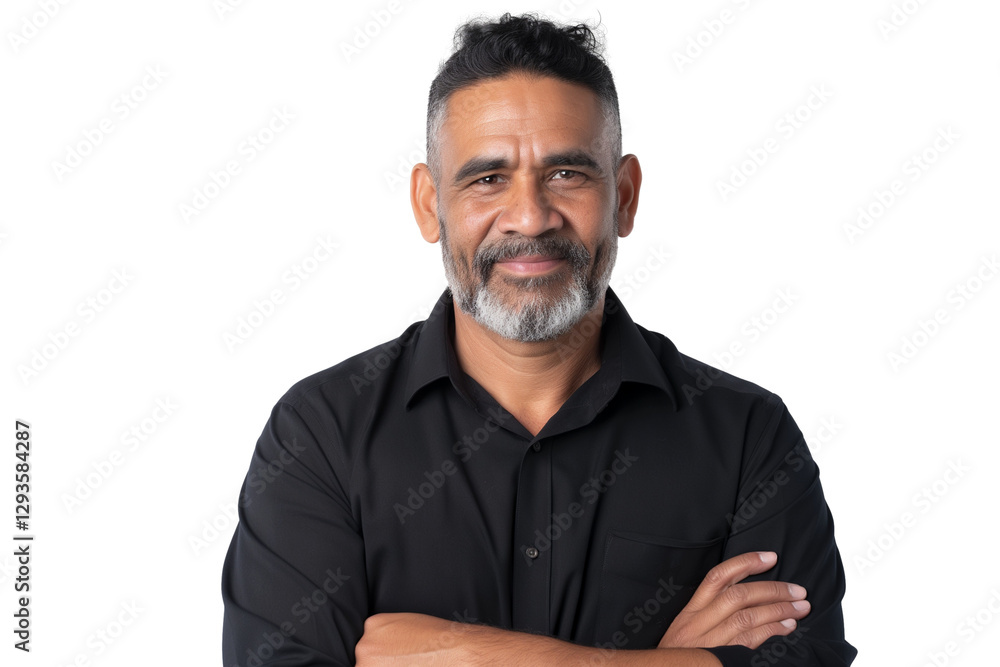 Calm Indigenous Australian male operations director with folded arms isolated on transparent white background Calm Indigenous Australian male operations director with folded arms isolated on transparent white background