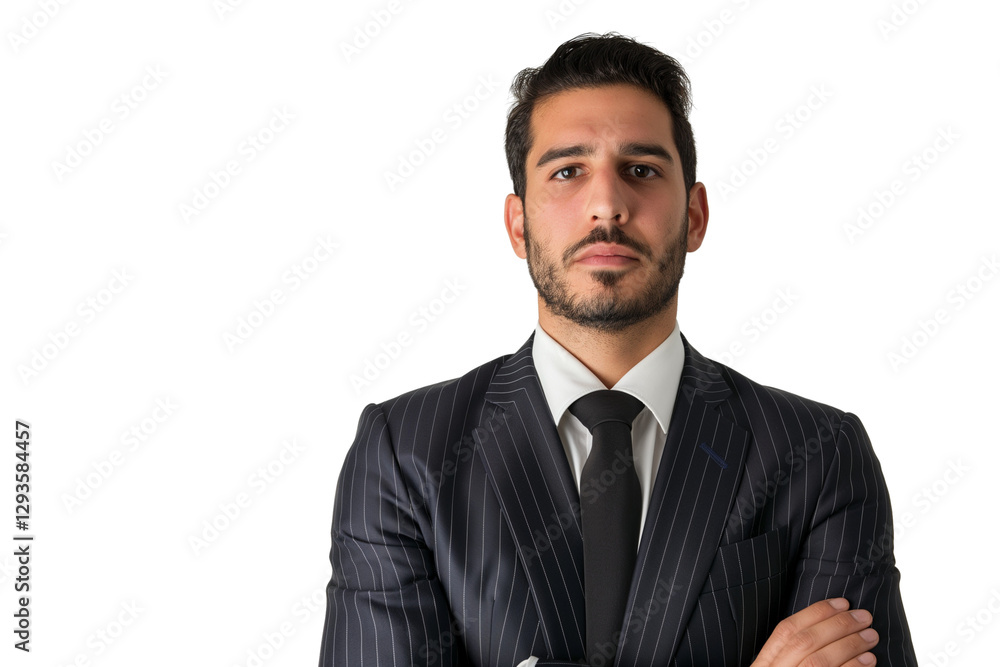 Serious young Arab male lawyer in pinstripe suit isolated on transparent white background Serious young Arab male lawyer in pinstripe suit isolated on transparent white background