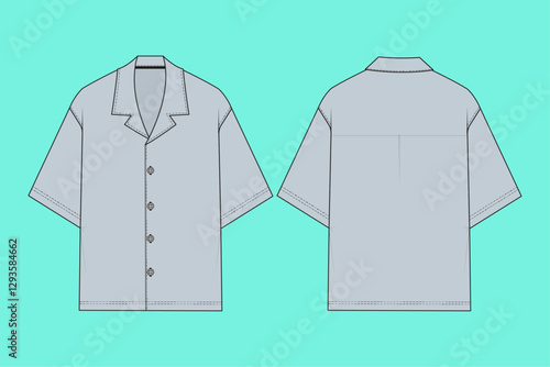 Oversized revere collar shirt flat sketch template outline cad mockup.