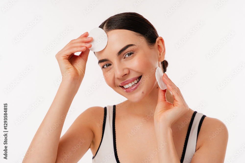 Smiling person caring for their skin using cotton pads promotes healthy facial skincare habits. Smiling person caring for their skin using cotton pads promotes healthy facial skincare habits.