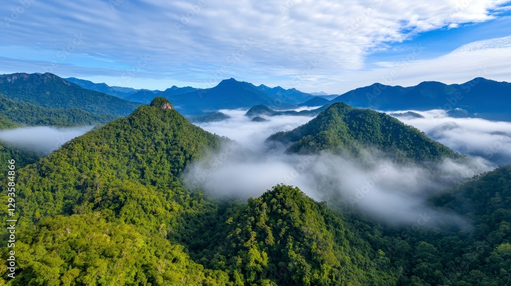 Lush Green Mountains Surrounded by Misty Clouds in Tranquil Nature Lush Green Mountains Surrounded by Misty Clouds in Tranquil Nature