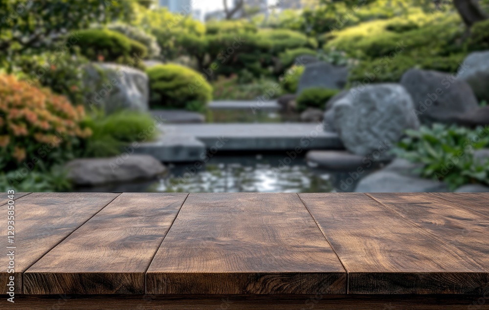Empty wooden table top with a blurred background of a garden in spring for product display and nature food montage. Empty wooden table top with a blurred background of a garden in spring for product display and nature food montage.
