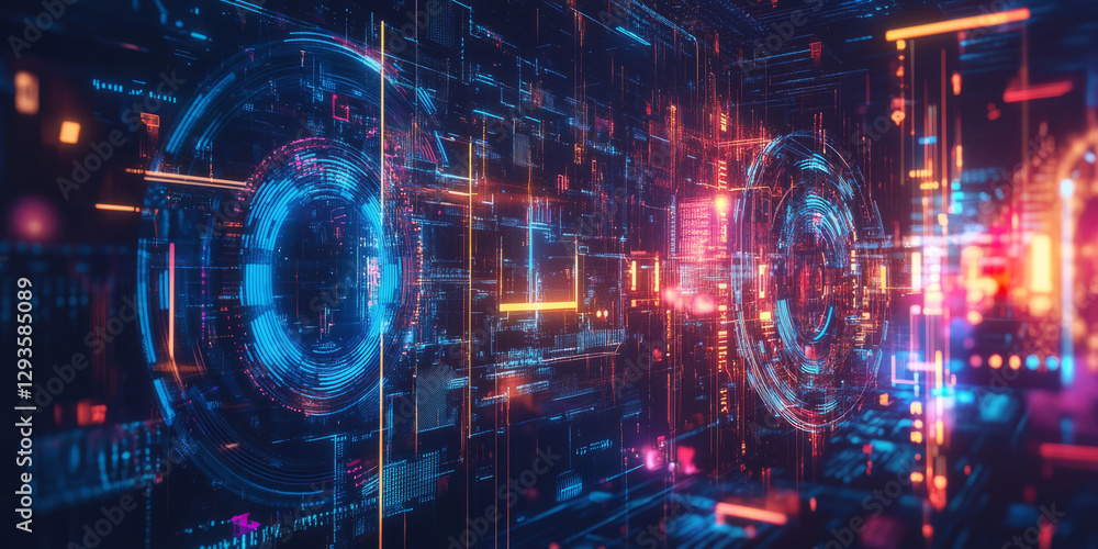 Fototapeta premium A glowing futuristic AI-driven personal assistant interface, featuring cybernetic smart home automation pathways, pulsating holographic IoT control grids, and swirling digital voice command