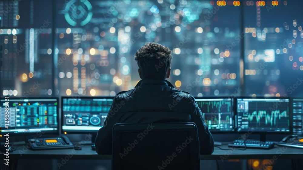 Monitoring data streams at a high-tech workstation in a city sky Monitoring data streams at a high-tech workstation in a city sky