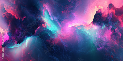 A visually stunning abstract background with a vibrant explosion of radiant neon hues, dynamically blending into a soft gradient of electric blues and purples. The high-tech, futuristic design creates