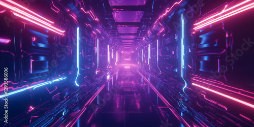 A futuristic abstract background with glowing neon waves flowing in a dark cybernetic space. The design features intricate energy currents, pulsating data streams, and holographic geometric patterns,
