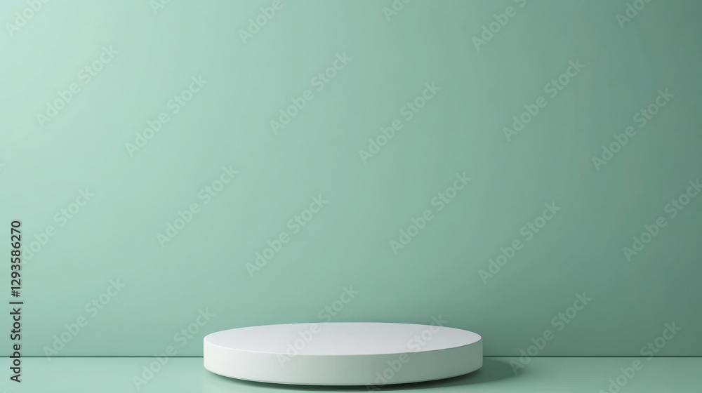 White round podium or pedestal, isolated on a pastel green background for product display with copy space White round podium or pedestal, isolated on a pastel green background for product display with copy space