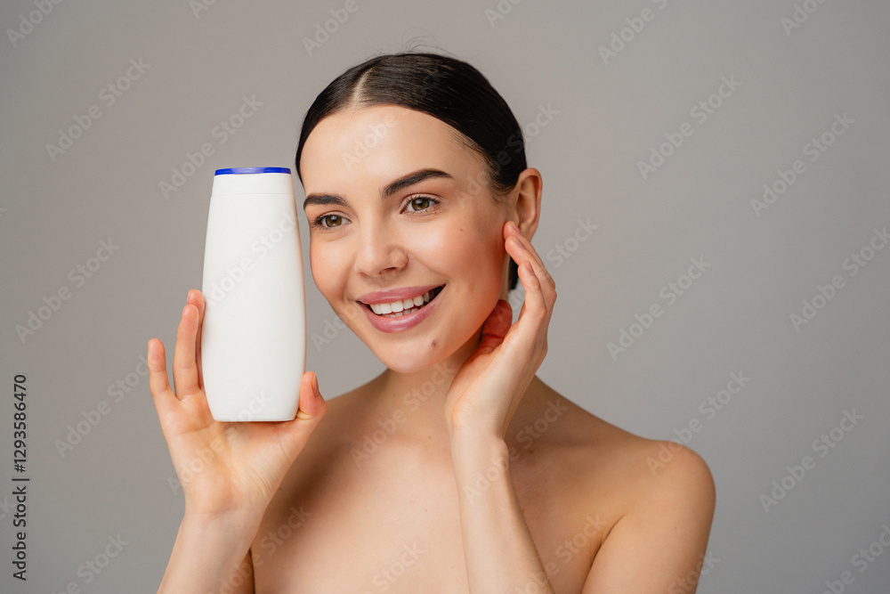 Bright portrait presenting a skincare product in focus, emphasizing natural beauty and elegance, suitable for dermatological or cosmetic themes. Bright portrait presenting a skincare product in focus, emphasizing natural beauty and elegance, suitable for dermatological or cosmetic themes.