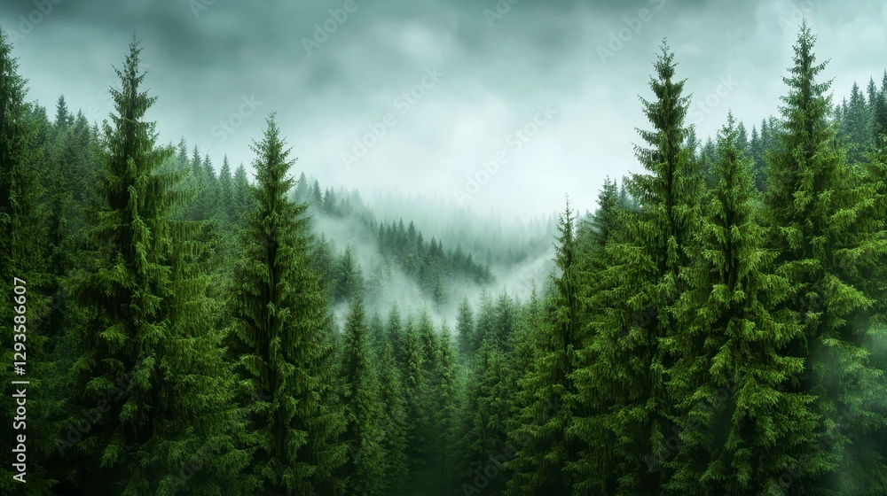 Lush Green Forest with Misty Atmosphere and Dense Evergreen Trees Lush Green Forest with Misty Atmosphere and Dense Evergreen Trees