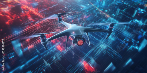 A futuristic representation of AI-powered drone technology, featuring glowing cybernetic aerial navigation pathways, pulsating holographic control grids, and swirling quantum-enhanced automation