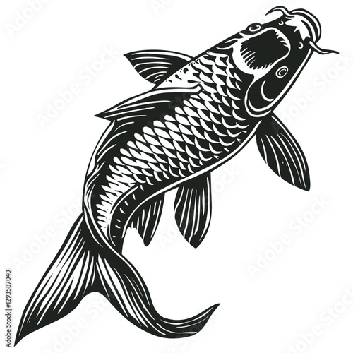 Vector illustration of a koi fish in a black and white vintage style. Perfect for tattoo design, oriental art themes.