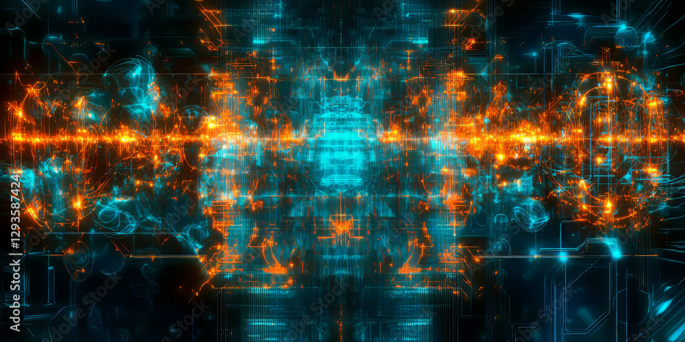 Fototapeta premium A glowing futuristic AI-driven neural interface, displaying pulsating cybernetic brainwave analysis grids, swirling holographic deep learning pathways, and intricate quantum-enhanced cognitive