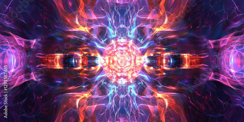 A glowing futuristic AI-driven quantum energy core, radiating pulsating cybernetic light, swirling holographic data streams, and intricate digital intelligence pathways. The high-tech abstract