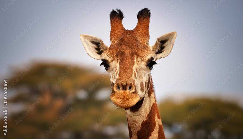 Naklejka premium Giraffe in Serene Savannah Serenity Majestic Mammal Gazing Forward amidst Golden Grasses at Sunset, Capturing the Spirit of Africas Vibrant Plains